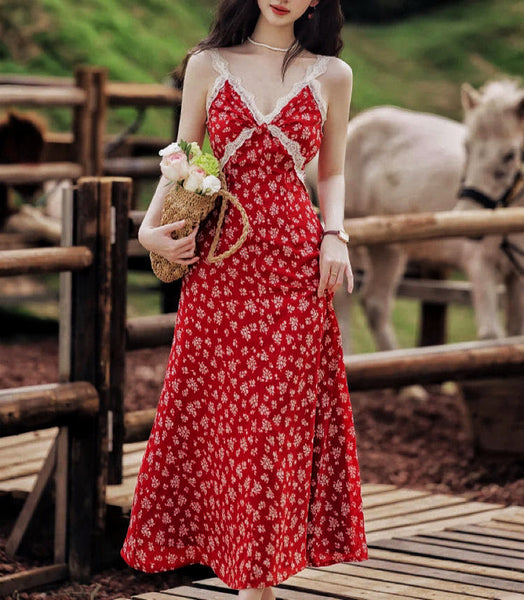 Cranberry Floral Dark Red 90s Grunge Cottagecore Dress