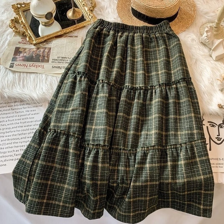 Goblincore Forest Green Plaid Wool Fall Skirt