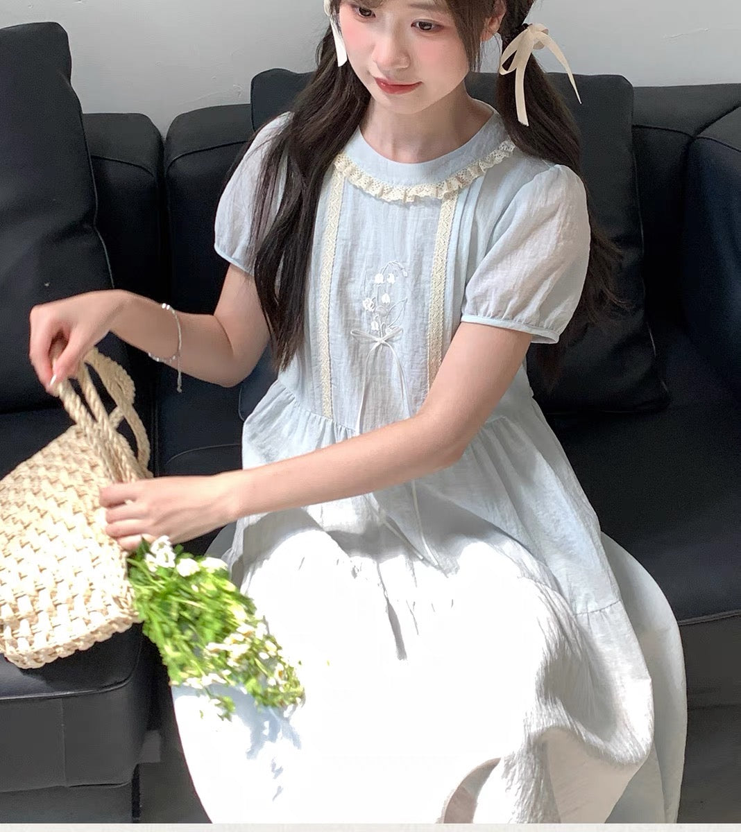 Lily of the Valley Embroidered Baby-Blue Dollcore Dress