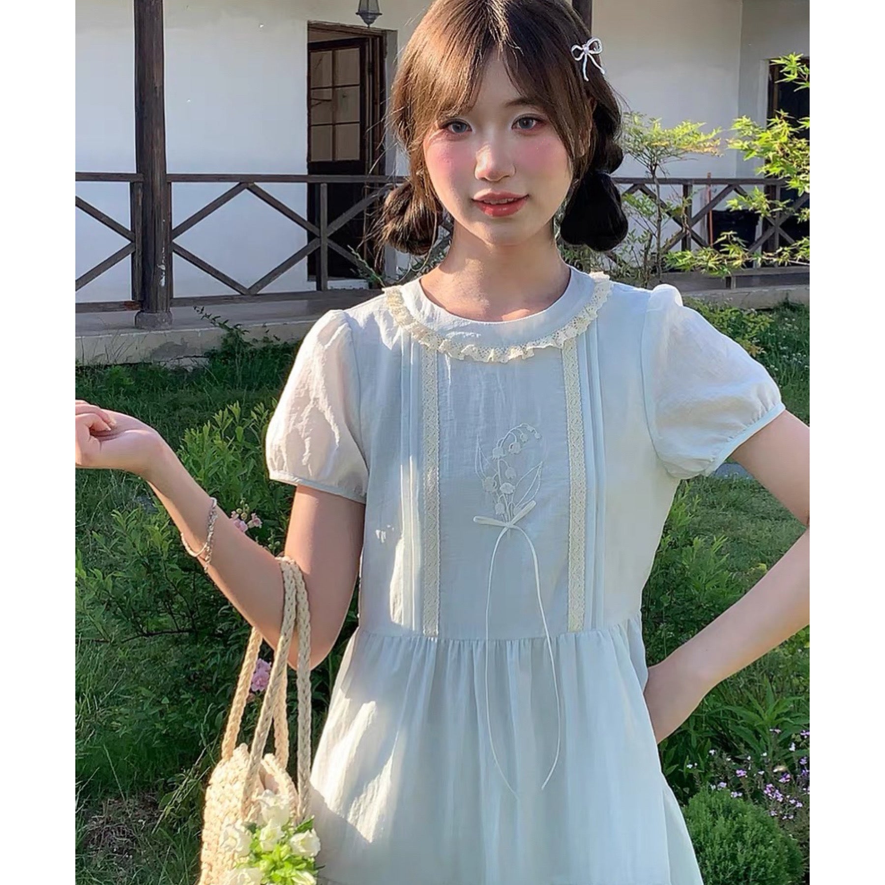 Lily of the Valley Embroidered Baby-Blue Dollcore Dress