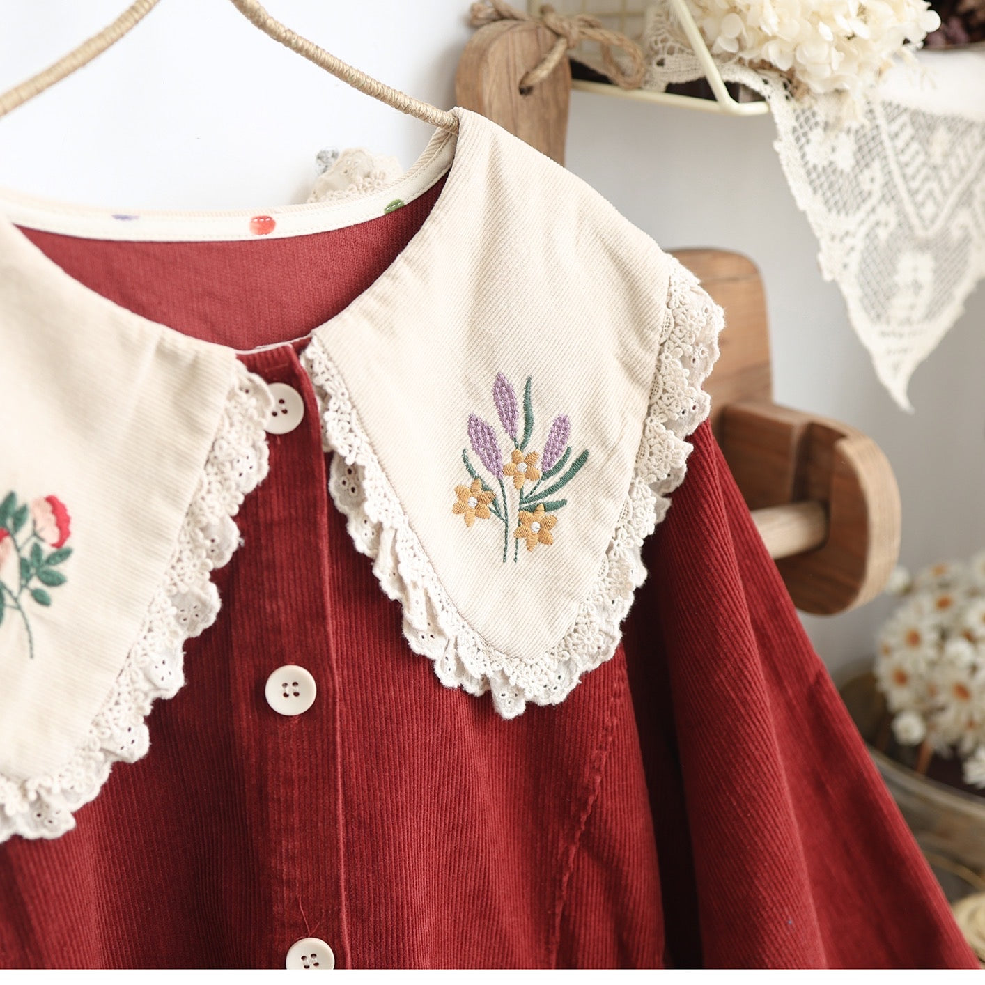 In a Faraway Land Flower Embroidered Corduroy Cottagecore Dress