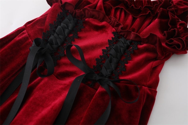 Ruby Victorian-Vintage-Academia Burgundy-Red Velvet Dress
