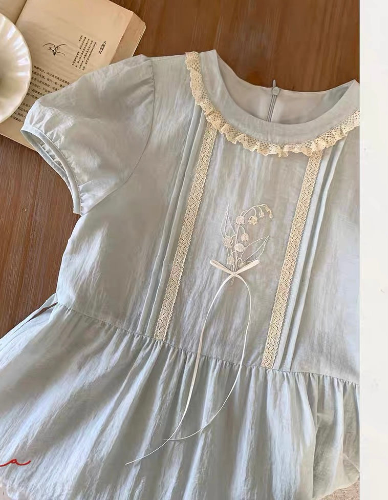Lily of the Valley Embroidered Baby-Blue Dollcore Dress