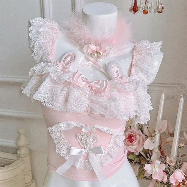 Wonder-hop Pink Coquette Bustier Top with Bunny Ears and Lace Ruffles