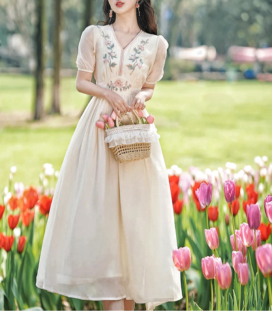 Cotton Tree Cottagecore Dress with Embroidery