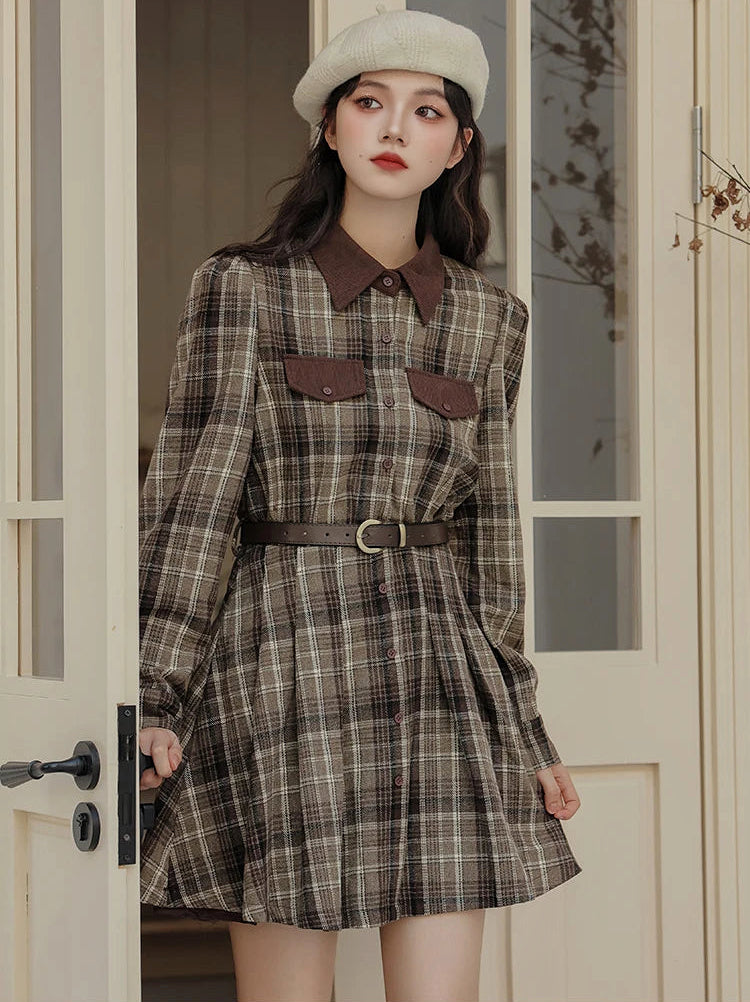 Foggy Skies Plaid Dark Academia Dress With Belt Dark Academia Aesthetic