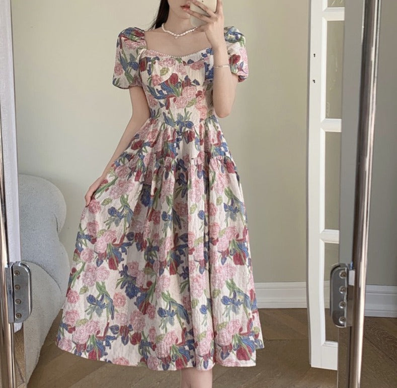 Floral Brocade Dress with Pearls Vintage Dress Retro Fairycore Dress Floral Brocade Dress with Pearls Vintage Dress Retro Fairycore Dress