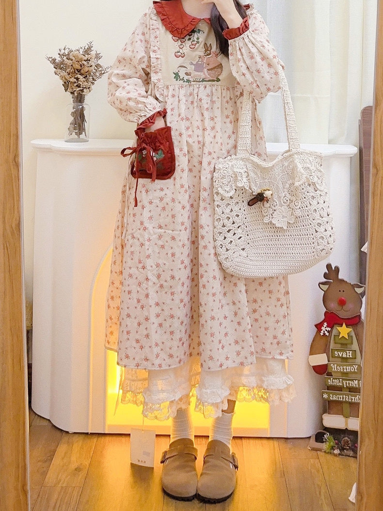 Rabbit's Strawberry Garden Cottagecore Goblincore Dress with Embroider