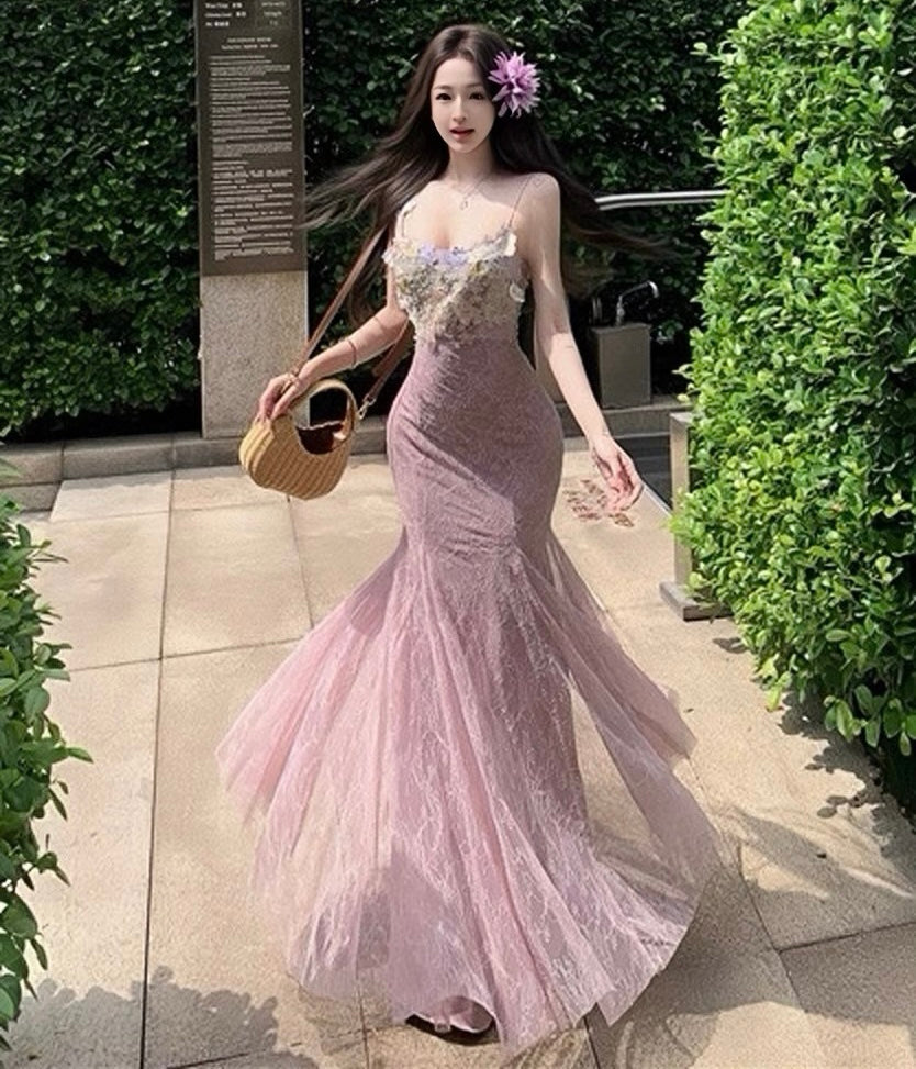 Mauve Flower Applique Coquette Fairy Dress Fairycore Prom dress Mauve Flower Applique Coquette Fairy Dress Fairycore Prom dress