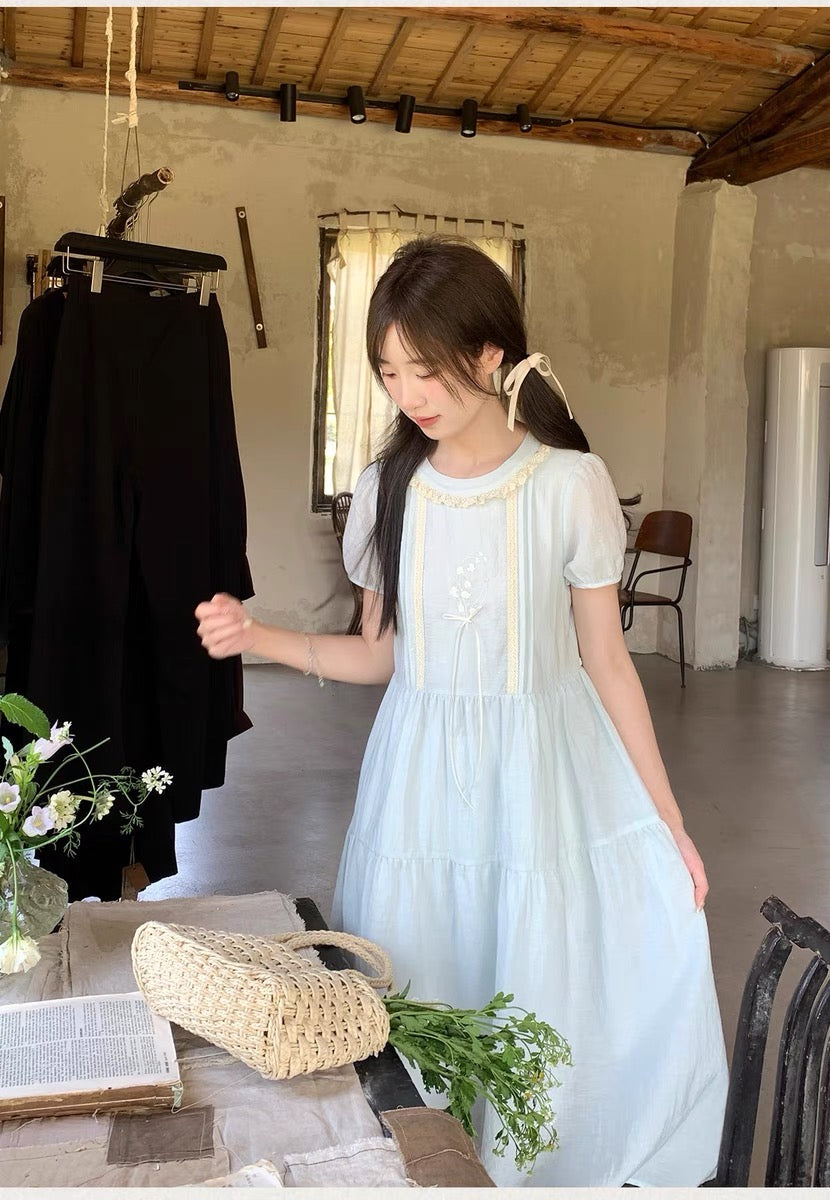 Lily of the Valley Embroidered Baby-Blue Dollcore Dress