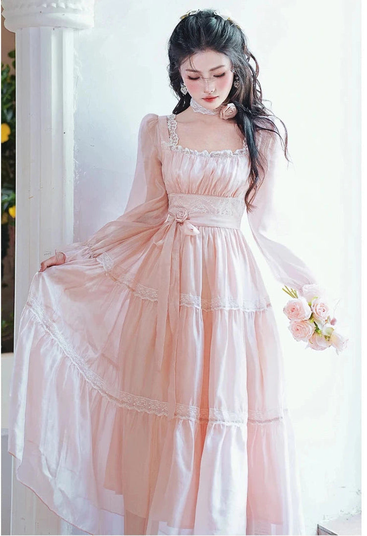 Rosepetal River Fairycore Princess Dress with Choker Necklace