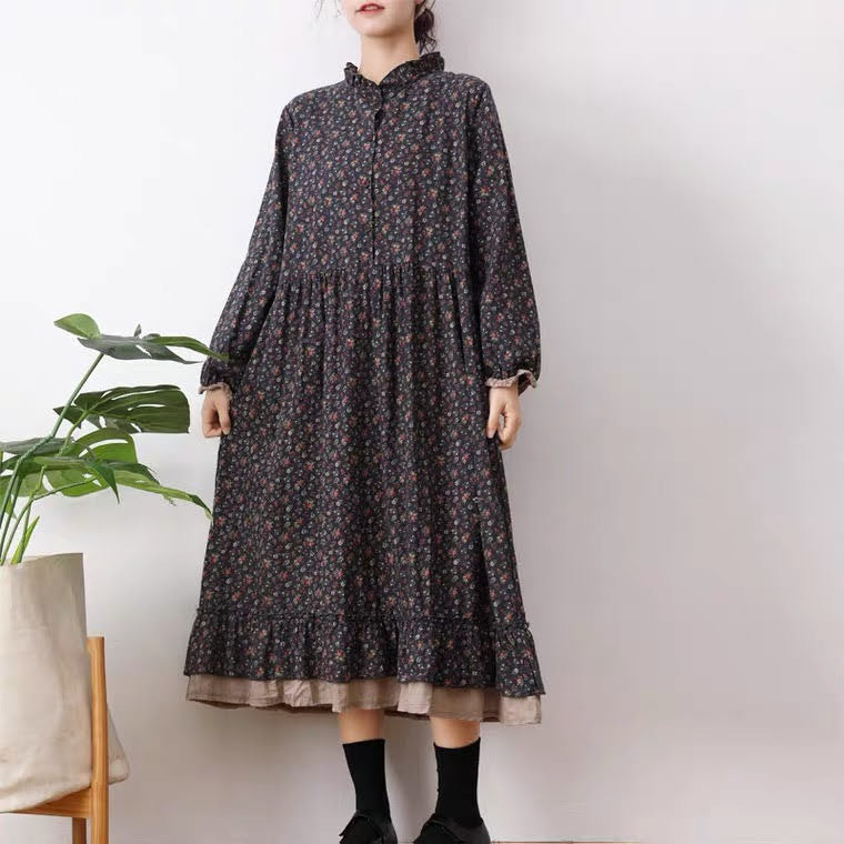 Ines Dark Cottagecore Floral Cotton Cottagecore Dress