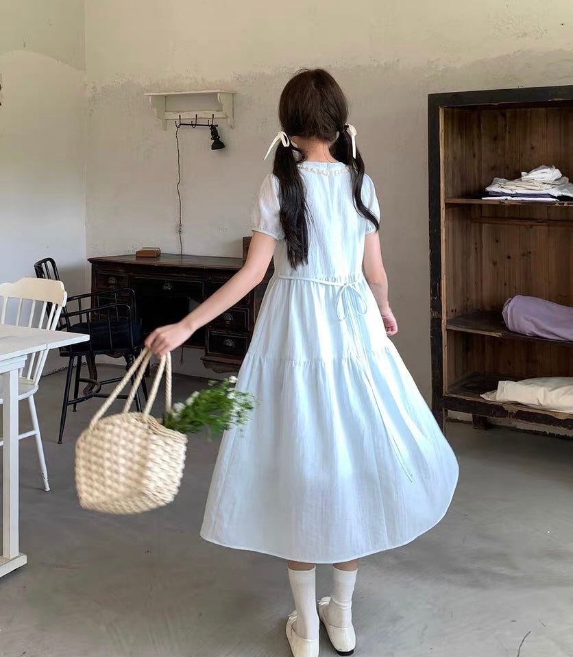 Lily of the Valley Embroidered Baby-Blue Dollcore Dress