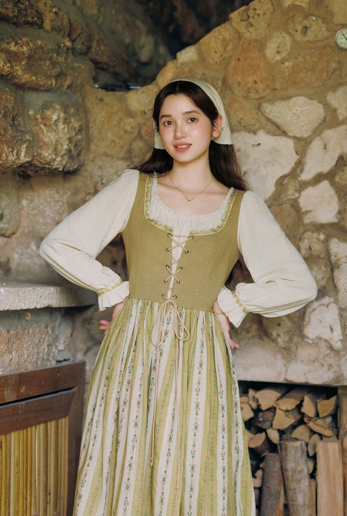 medieval cottagecore dress Village Witch cotton with Head Scarf cottage witch fantasy medieval dress Hope Walz: A Moment Color:Nude Beige low hemline O Neckline