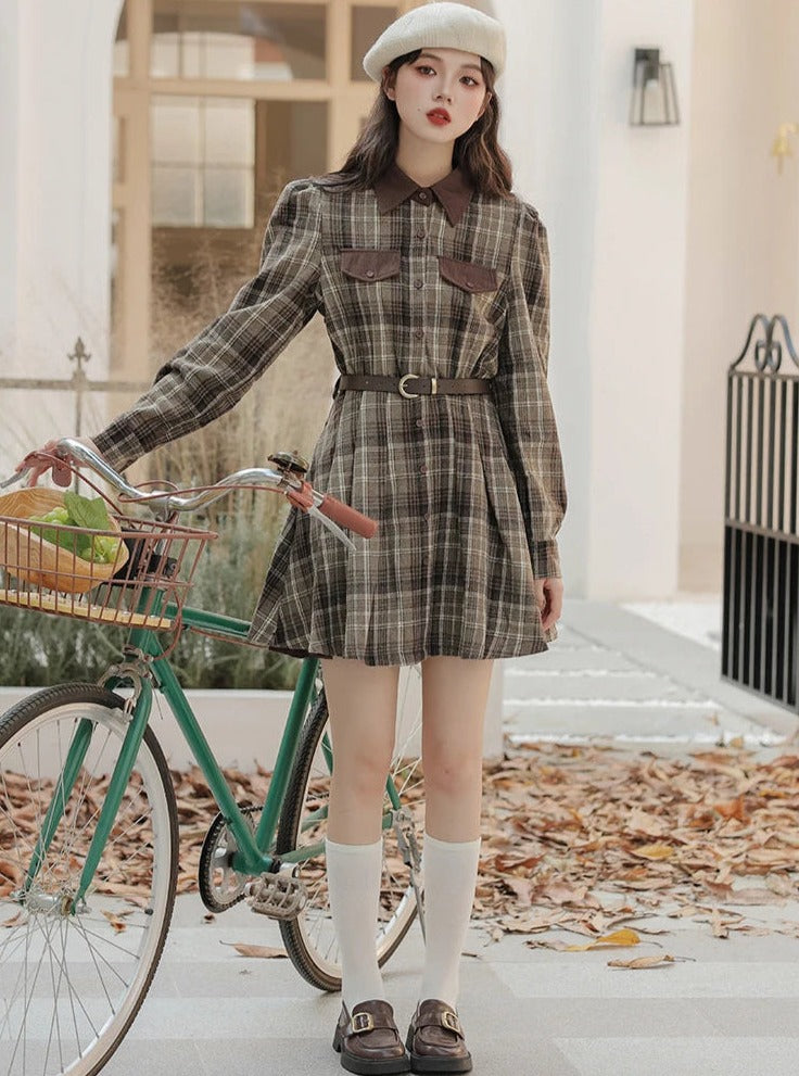 Foggy Skies Plaid Dark Academia Dress With Belt Dark Academia Aesthetic