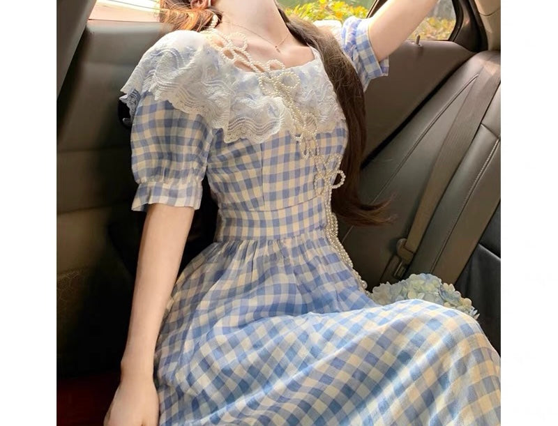 Heidi Plaid Blue Cottagecore Dress