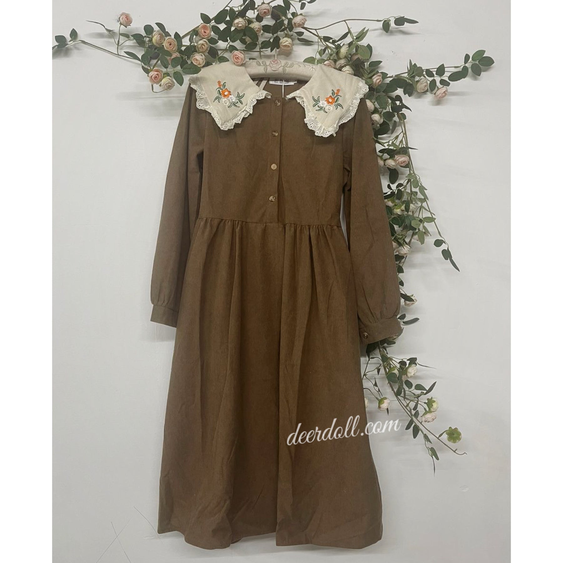 Forest Flower Corduroy Cottagecore Dress with Embroidery