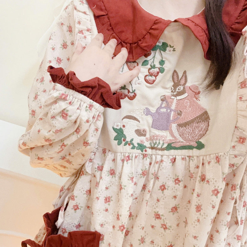 Rabbit's Strawberry Garden Cottagecore Goblincore Dress with Embroider