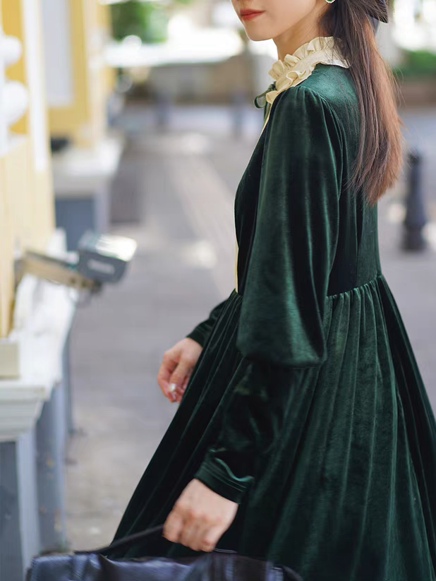 Green Vintage Velvet Dress with Embroidery Holiday Dress Holiday
