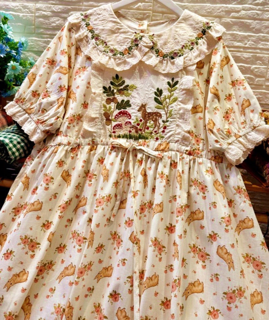 Deer Embroidered Cotton Cottagecore Dress Cottagecore Fashion Deer Embroidered Cotton Cottagecore Dress Cottagecore Fashion