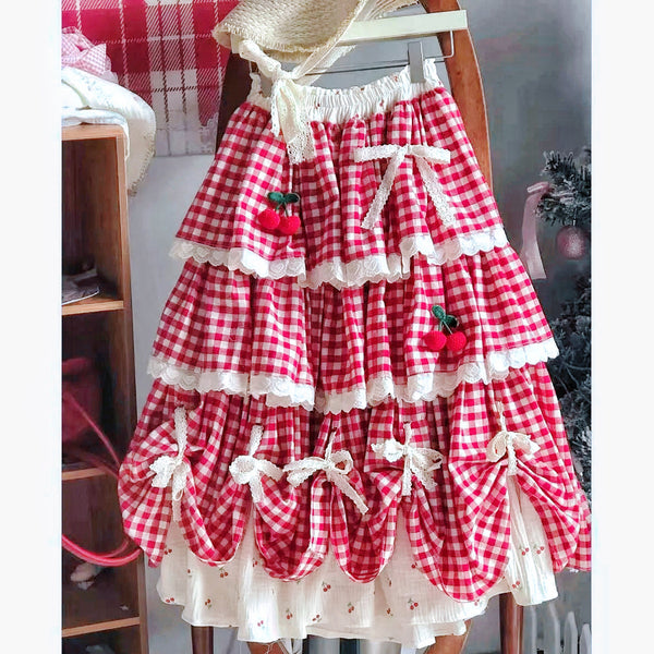 Cherry Red Plaid Cottagecore Skirt
