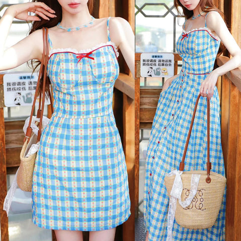2-Piece Blue Plaid Picnic Dress Set