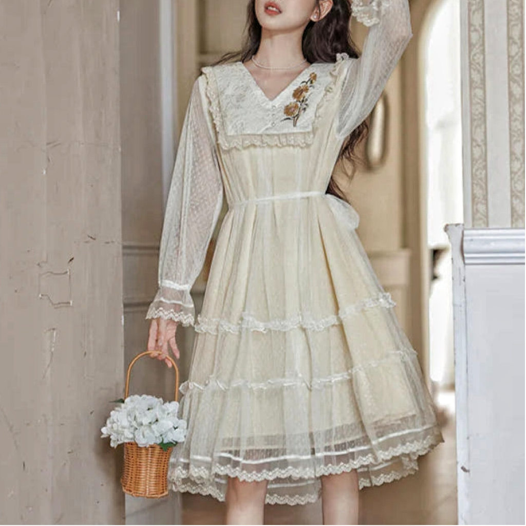 Vintage Lace Embroidery Cottagecore Dress Vintage Lace Dress Fairycore Vintage Lace Embroidery Cottagecore Dress Vintage Lace Dress Fairycore