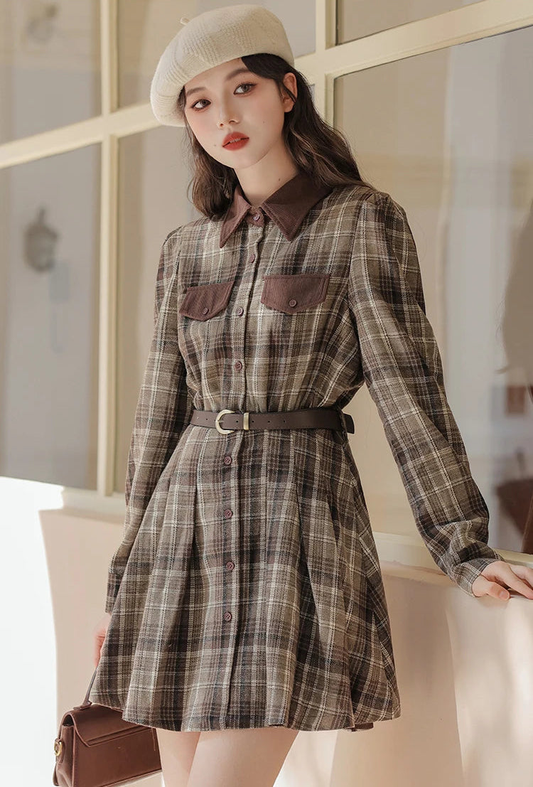 Foggy Skies Plaid Dark Academia Dress With Belt