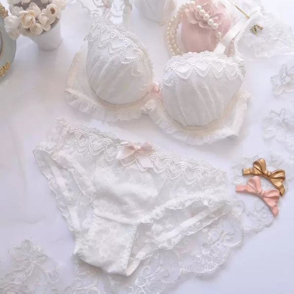 White Lace & Pearls Kawaii Princess Girly Lingerie Set