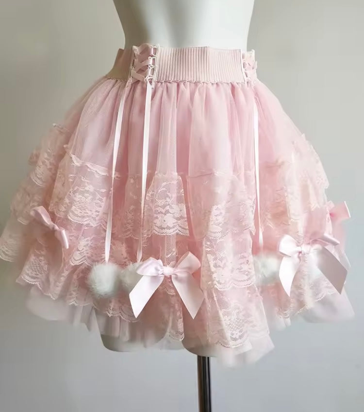 PomPom Balletcore Princess Coquette Style Lace Skirt with Bows