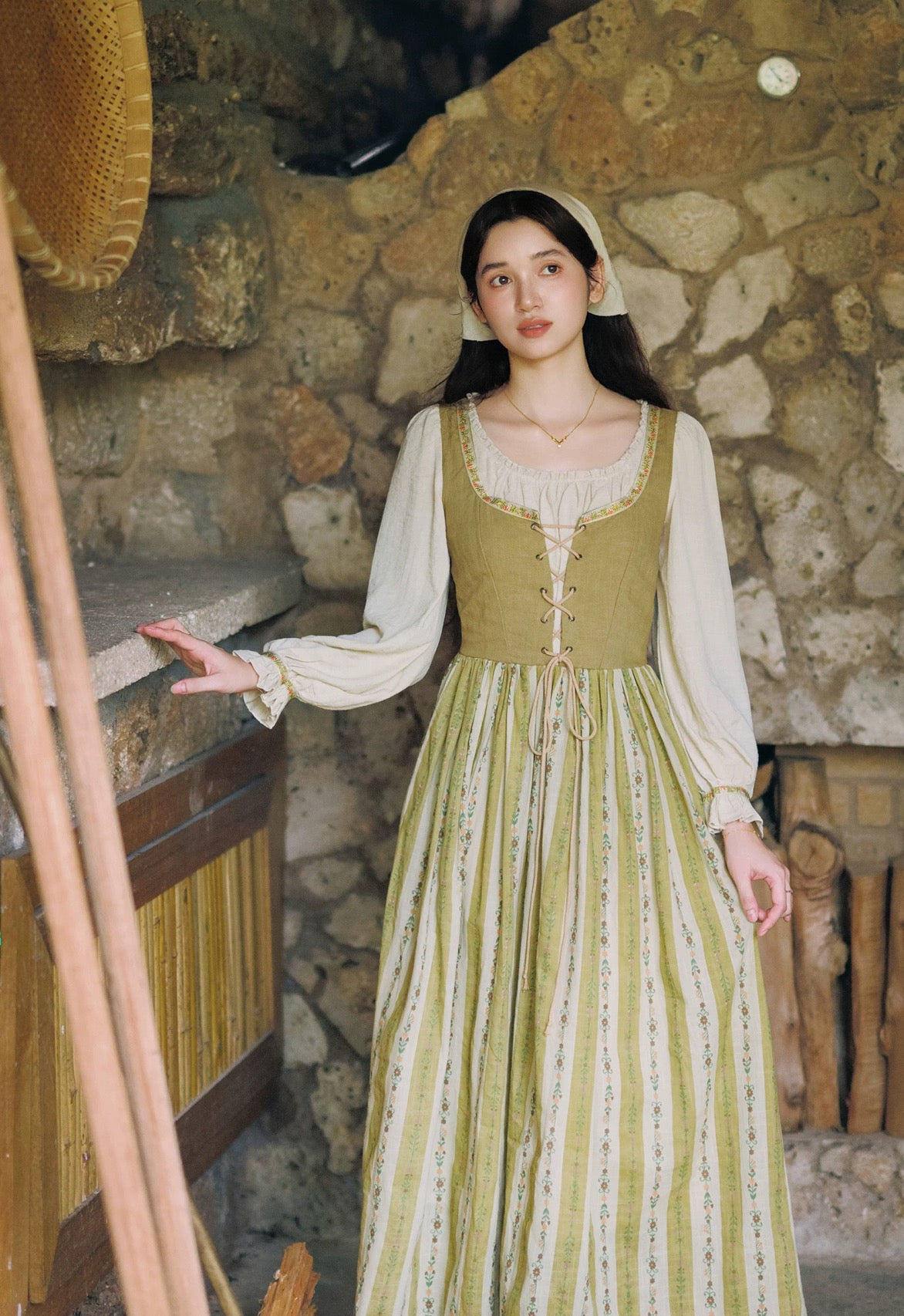 cottagecore long sleeve dress Village Witch cotton cottagecore Dress with Head Scarf