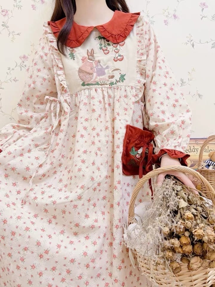 Rabbit's Strawberry Garden Cottagecore Goblincore Dress with Embroidery