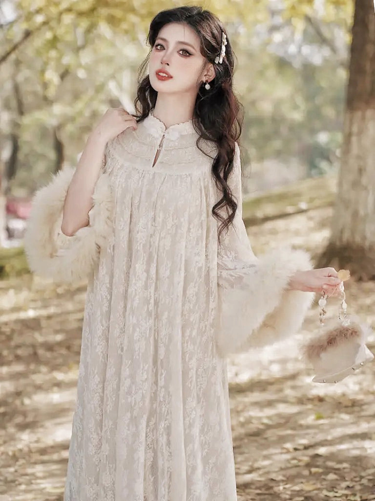 Magic Muse Faux Fur Lace Dress with Pearl Belt