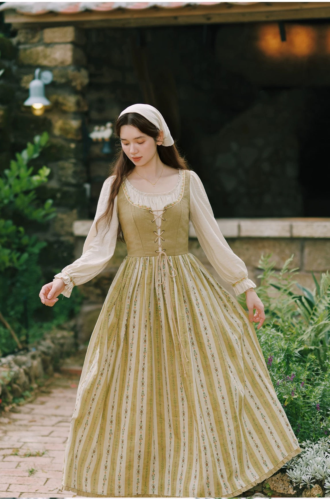 cotton witch dress Village cottagecore with Head Scarf cottage witch Color:light green/blush print Exquisite Black Wedding Dress first_communion Maxi dress quality mid