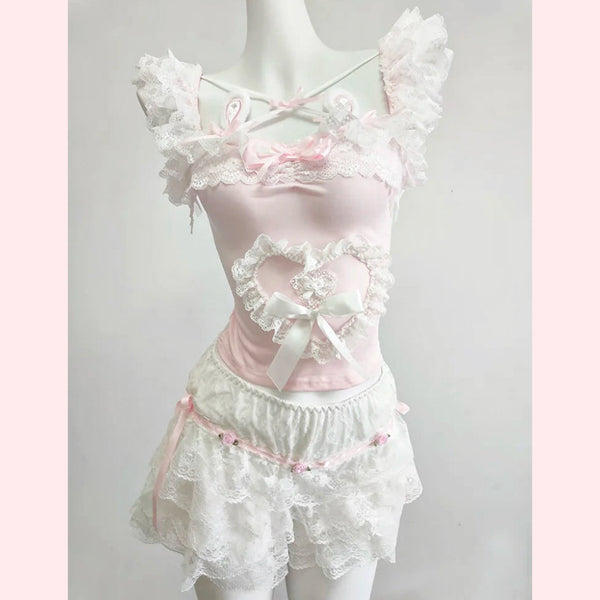 Wonder-hop Pink Coquette Bustier Top with Bunny Ears and Lace Ruffles