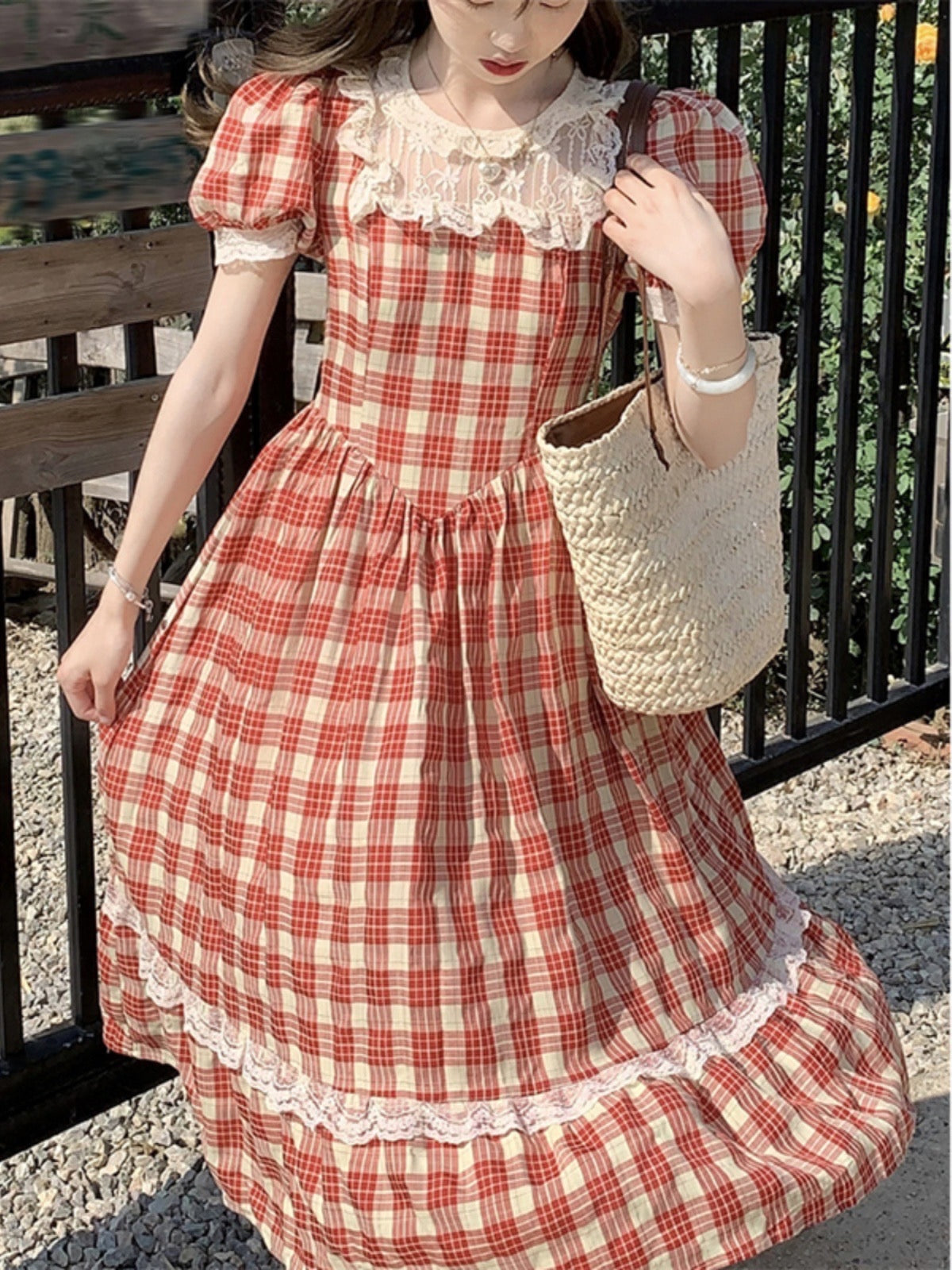 Plaid Vintage-Lace Cottagecore Dress