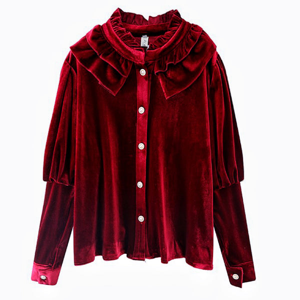 Victorian Burgundy-Red Velvet Shirt Romantic Goth Aesthetic Vampire Goth