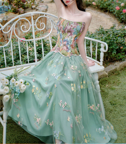 Fae Enchantment 2-Piece Flower Embroidered Green Fairy Dress Set