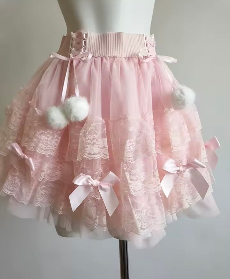 PomPom Balletcore Princess Coquette Style Lace Skirt with Bows