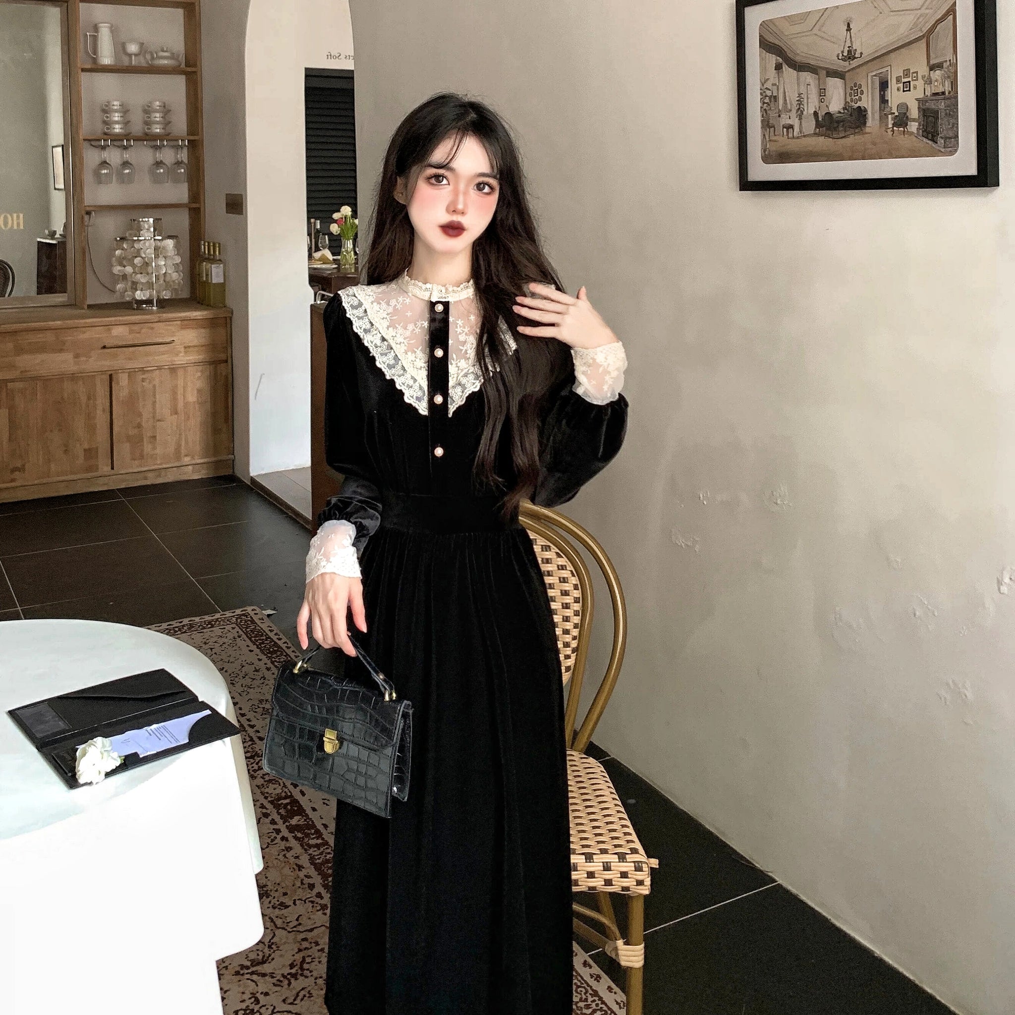 Ignea Dark Aesthetic Witchy Romantic Goth Velvet Dress (Plus Sizes)