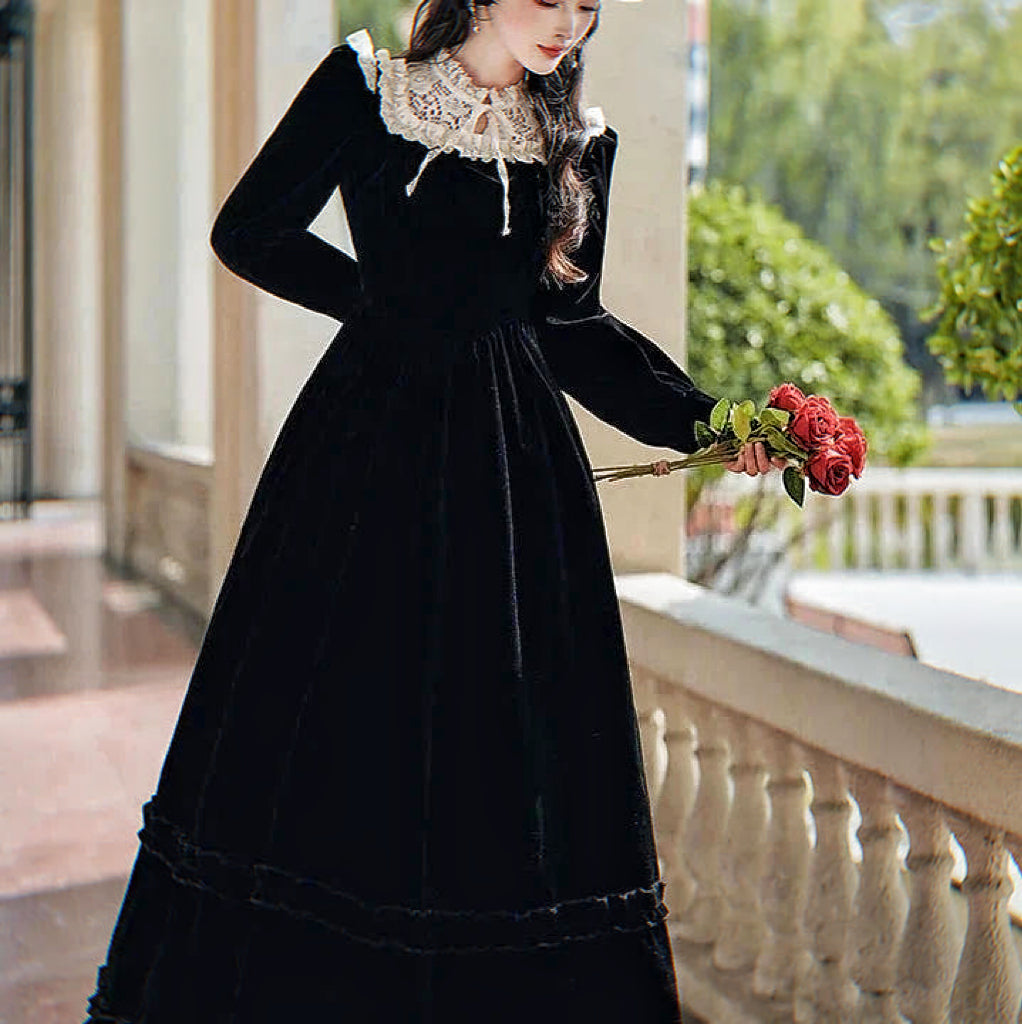 Romantic Goth Dress Black Velvet Victorian Vintage Dress Dark Romantic Romantic Goth Dress Black Velvet Victorian Vintage Dress Dark Romantic