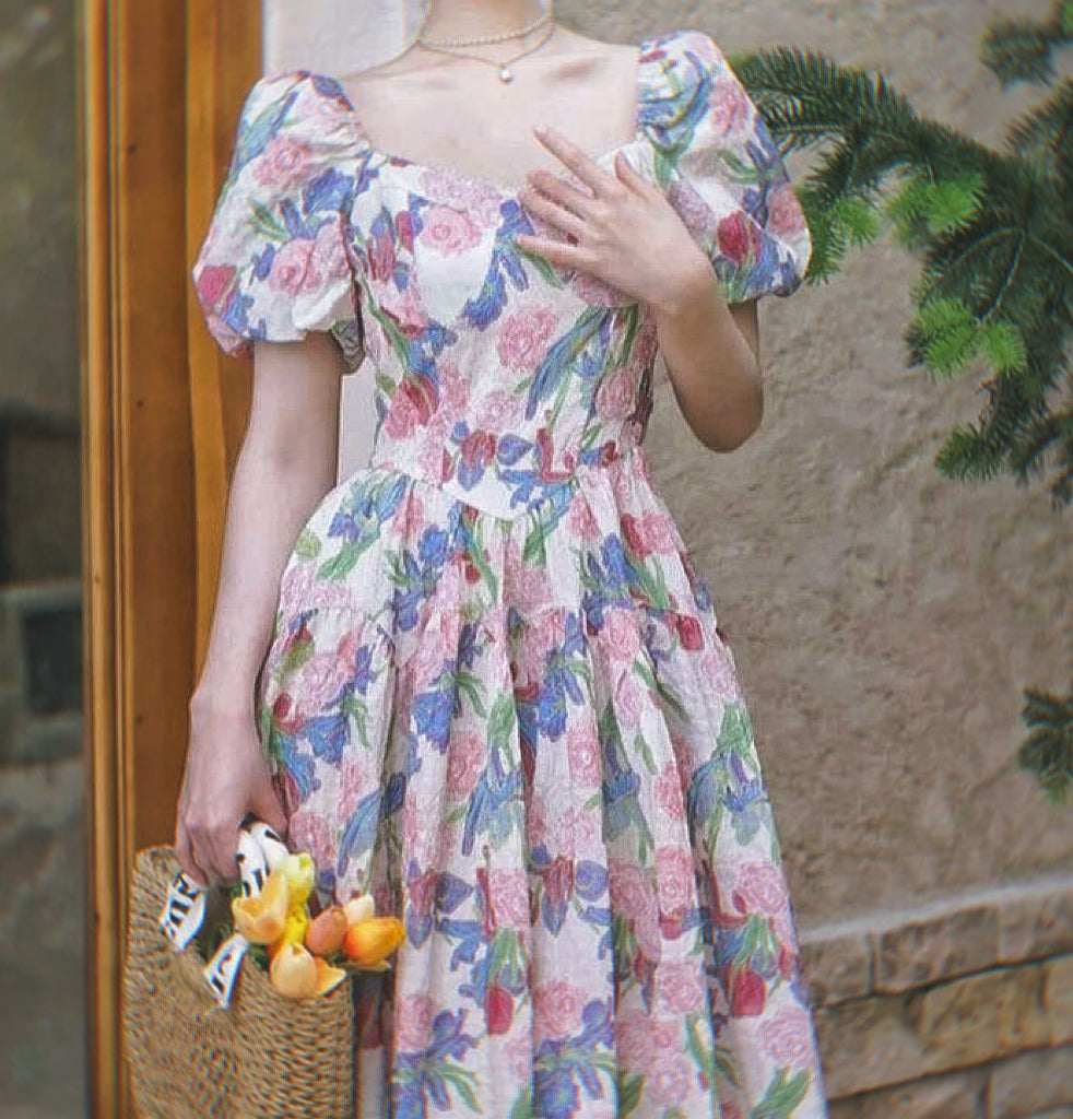 Puff Sleeves Floral Print Vintage-Inspired Corset Dress Puff Sleeves Floral Print Vintage-Inspired Corset Dress