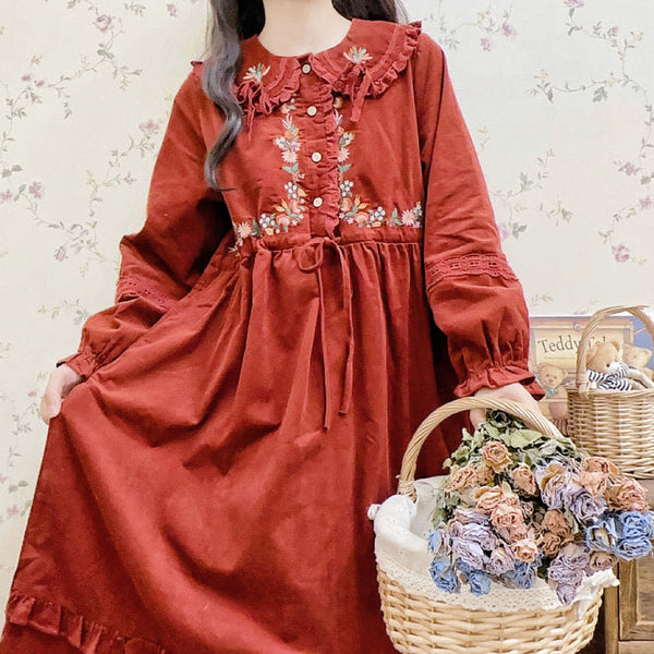 Foxy Fall Cottagecore Dress with Embroidery