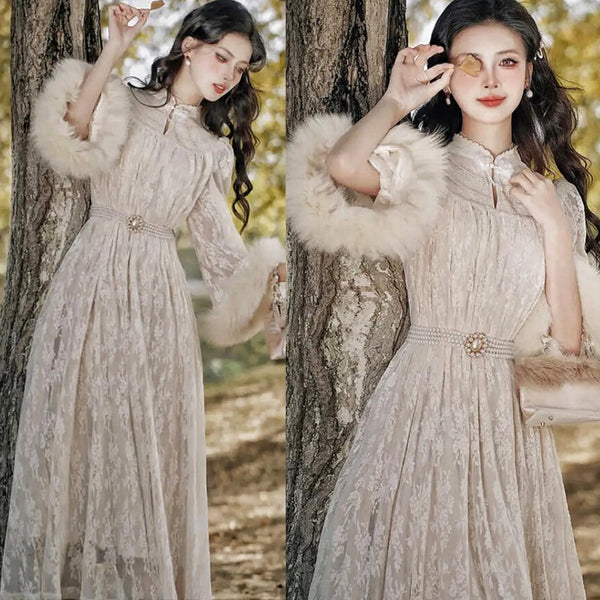 Magic Muse Faux Fur Lace Dress with Pearl Belt