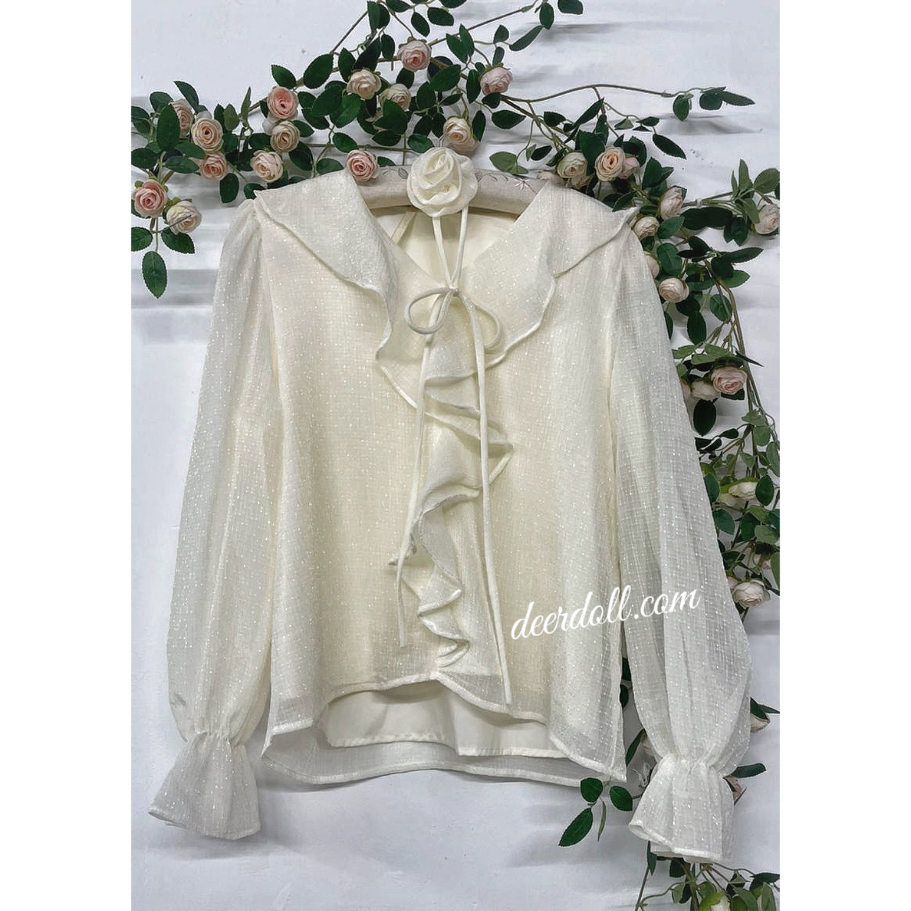 Ethereal Chiffon Blouse with Flower Choker