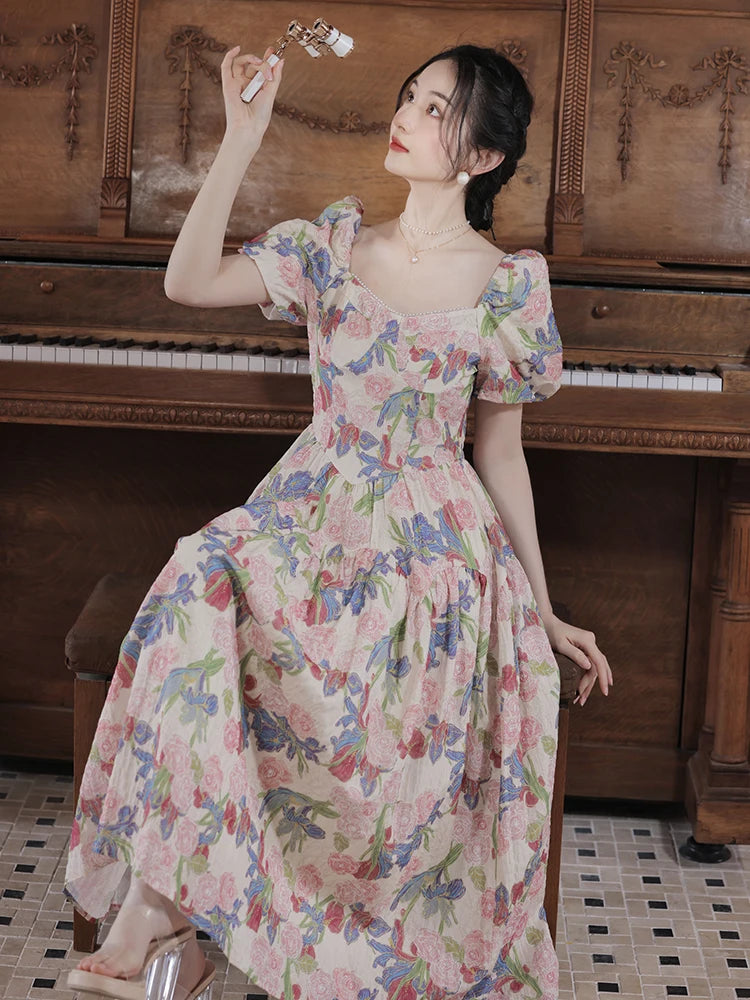 Floral Brocade Dress with Pearls Vintage Dress Retro Fairycore Dress Floral Brocade Dress with Pearls Vintage Dress Retro Fairycore Dress