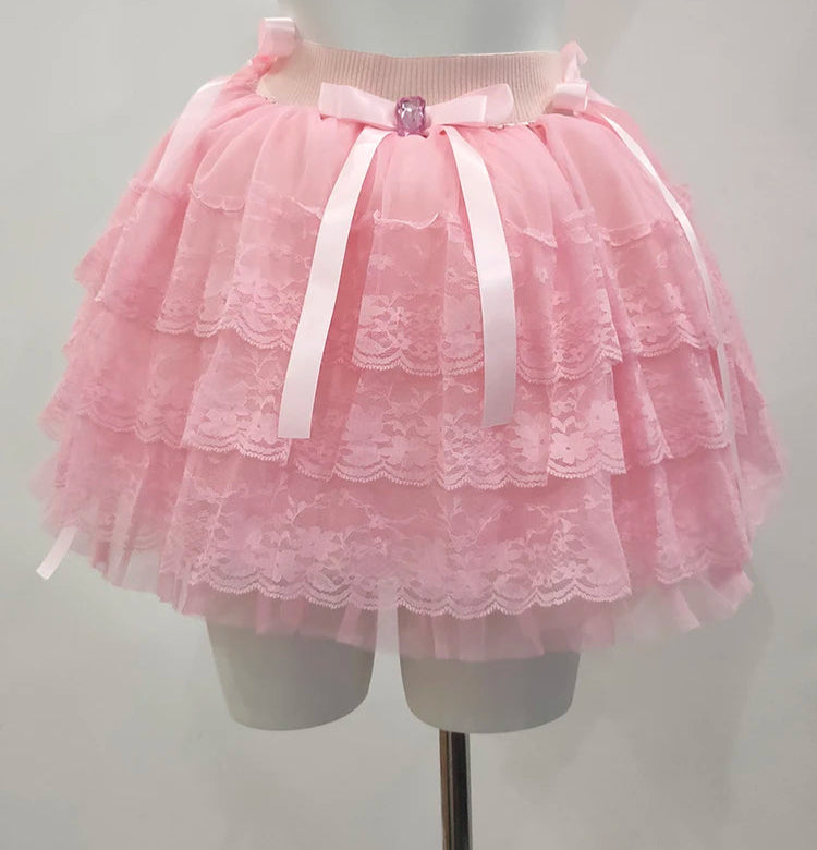 PinkBubble Princess Coquette Style Lace Bow Mini Skirt