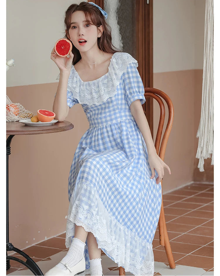 Heidi Plaid Blue Cottagecore Dress
