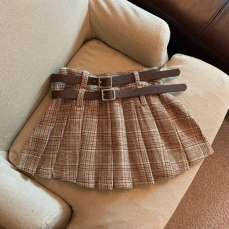 Plaid Dark Academia Pleated Mini Skirt with Attached Shorts