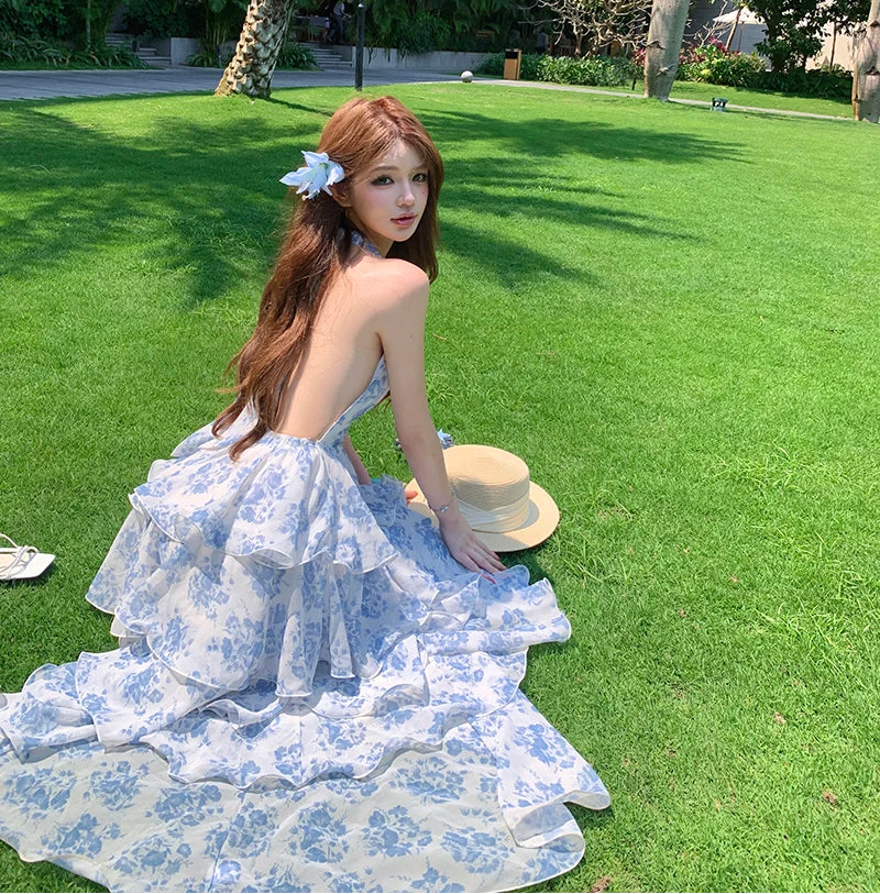 Blue Floral Fairycore Coquette Maxi Dress